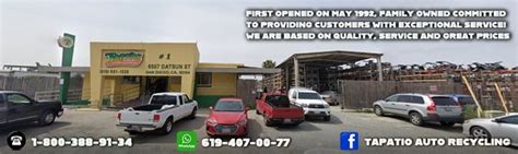 Tapatio auto wrecking - Tapatio Auto & Truck Wrckg Inc. Opens at 8:00 AM. 0000000000. Website. More. Directions Advertisement. San Diego San Diego, CA 92154 Opens at 8:00 AM. Hours. Mon 8:00 ... 